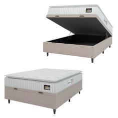 Cama Box Baú Colchão Casal Espuma D33 Vangogh Pillow Top 138x188x70cm Branco/Bege Hellen - Suporta até 120kg por Pessoa