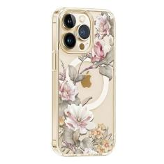 Akeivare Capa para iPhone 12 Mini Magsafe, capa fina floral à prova de choque fofa rígida PC + TPU bumper flor capa magnética transparente