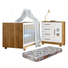 Quarto de Bebê com Berço Mini Cama 100% Mdf com Colchão Life e Cômoda 4 Gavetas 1 Porta Fly 100% Mdf Branco/madeirado Ypê