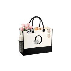 JTENGTOP Sacola feminina com nome personalizado, presente de dama de honra de aniversário, melhor amiga, dama de honra, bolsas de lona com inicial, Preto e branco, One Size