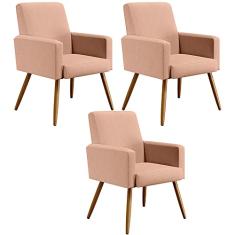 Kit 03 Poltronas Decorativas Para Sala Estar e Recepção Maria W01 Pés Palito Linho Rosê - Lyam Decor
