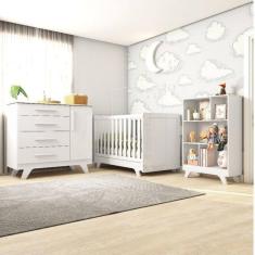 Quarto de Bebê com Berço Mini Cama Cômoda e Estante 5 Nichos Kakau Retrô Espresso Móveis Branco