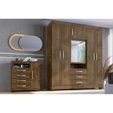 Kit Guarda Roupa Casal Roma 6 Portas com Espelho e Cômoda Sapateira 4 Gavetas Aspen I01- Clique Chique Móveis