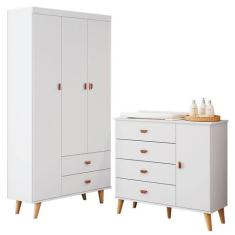 Cômoda Infantil com Guarda Roupa 3 Portas Duda Branco Acetinado Bétula