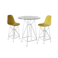 Jogo Mesa Bistrô Eames Vidro 60Cm 2 Banquetas Amarela Base Ferro Branco - Cor: Branco