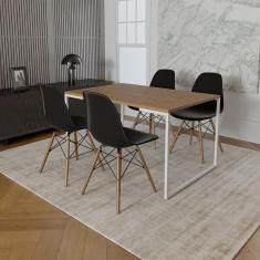 Mesa Industrial Base Ferro Branco 137X90 Tampo Amêndoa 4 Cadeiras Eiffel Madeira Assento Preto
