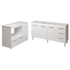 Balcão Cozinha Armário Gabinete De Pia 150 Cm Deise E Balcão Lilian Para Microondas E Forno Elétrico Branco