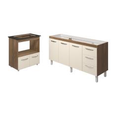 Balcão Cozinha Armário Gabinete De Pia 160 Cm Estela E Balcão Para Fogão Cooktop 4 Bocas Evelyn Savana Off White