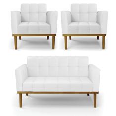Sofá Namoradeira E 2 Poltronas Base Madeira Castanho Elisa Corino D03 - D'rossi Cor Branco