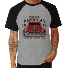 Camiseta Raglan Vintage Classic Car - Foca na Moda, Cinza, Preto, G