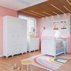 Quarto de Bebê com Guarda Roupa 4 Portas Cômoda 1 Porta 4 Gavetas e Berço Nina 100% Mdf Espresso Móv Branco Brilho