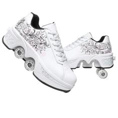 Patins para mulheres e meninas - Duas fileiras deformam quatro rodas, sapatos de caminhada automática com patins destacáveis - unissex (flor branca, EUA 9)