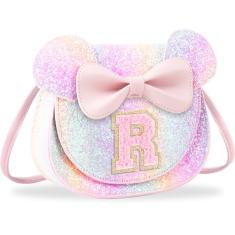 Presentes de aniversário para meninas de 2, 3, 4, 5, 6, 7, 8, 9 e 10 anos de idade, bolsa infantil infantil para meninas pequenas com laço de orelha de rato personalizado, Letra rosa com purpurina