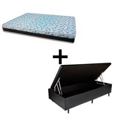Cama Box Baú Solteiro 88 - Tecido Sintético Preto com Colchão Berlim Bello Box - D23 Azul 58x88x188cm