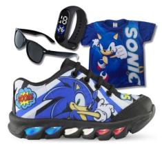 tenis de led infantil masculino sonic boom com luzinha meninos mais camisa com relogio e oculos-Masculino