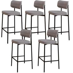 Kit 05 Banquetas Alta Bar Cozinha Sala De Jantar Aço Preto Kaira C01 Linho Cinza - Lyam Decor