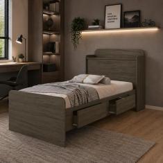 cama solteiro tamires com duas gavetas e prateleira e bau para quarto 