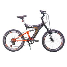 Bicicleta Aro 20 XR Preta e Laranja Suspensão Full 6v MTB, Track Bikes