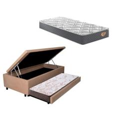 Bicama Box Baú Solteiro 88x188 Cm em Courino com Colchão Adapto Molas Ensacadas Ecoflex Bege/Cinza