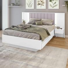 Cama Casal 140cm com Usb, Usb-c 2 Mesa de Cabeceiras Solaris Branco/bege