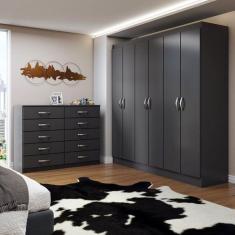 Guarda-Roupa Casal Aiden 6 Portas 2 Gavetas com Cômoda 10 Gavetas Pret