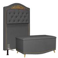 Cabeceira Cama Box Solteiro 90Cm Com Calçadeira Baú Imperial J02 Veludo Cinza