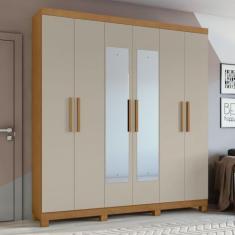 Guarda-roupa Casal 6 Portas 3 Gavetas Jazz com espelho e com Pés Amêndoa Clean/off White