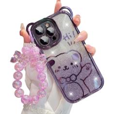 Linda capa para iPhone 15 Pro Max, capa com estampa de urso com corrente de pulso borboleta pérola para mulheres/meninas, presente de papel com glitter removível, TPU macio, à prova de choque para