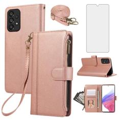 Asuwish Capa de celular para Samsung Galaxy A53 5G com zíper carteira celular com protetor de tela de vidro temperado alça transversal suporte para cartão de couro A 53 G5 53A SM A536U 6,5 polegadas
