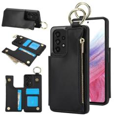 Capa carteira para Samsung Galaxy A72 5G, 3 compartimentos para cartão, 1 bolso com zíper, suporte de fecho magnético com suporte de anel à prova de choque com bloqueio de RFID para Samsung A72 5G