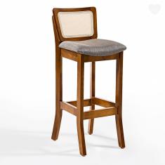 Banqueta Alta em Madeira com Encosto em Rattan Portugal Estofada Linho Cinza L55 RMI