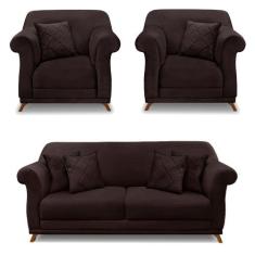 Kit 2 Poltronas e Sofá Living 2 Lugares 1,80m Vênus Suede Pés Castanho