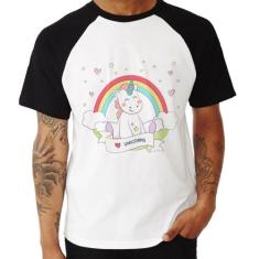 Camiseta Raglan Unicórnio Arco Íris - Foca na Moda, Branco, Preto, M