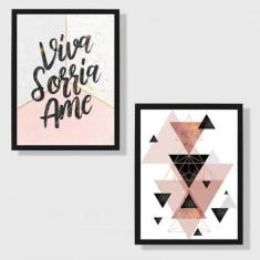 Kit 2 Quadros Decorativos Viva, Sorria, Ame 45x34cm - com vidro - Quad
