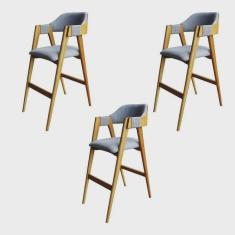 Kit 3 Banquetas Laura Madeira Maciça de Eucalipto Verniz Linho