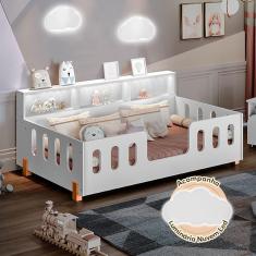 Cama Infantil Montessoriana Com Colchão Juvenil Led E Nicho Nina Branca + Luminária Led Branco