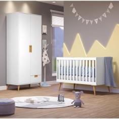 Quarto de Bebê Completo 1 Berço com 1 Guarda Roupa 2 Portas Caring Serpil Baby Branco/Carvalho
