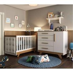 Quarto de Bebê com Cômoda de Bebê Berço com Botões encapados e Prateleira Retrô Jolie Branco Brilho/Carvalho