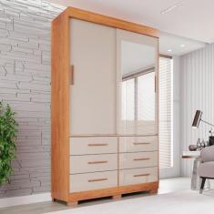 Guarda Roupa com Pés e Espelho 2 Portas 6 Gavetas Luana Cinamomo/Off-white