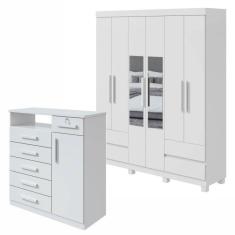 Conjunto de Guarda-Roupa 6 Portas 4 Gavetas Zeus com Espelho e com Pés e Cômoda Da Vinci Branco