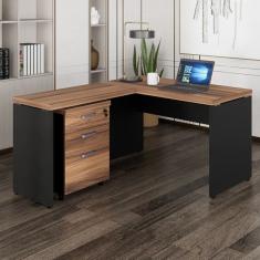 Mesa de Escritório em L com Gaveteiro Espresso Móveis Marrom/Preto