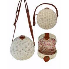 Bolsa Redonda Palha Sintética Tiracolo com Alça de Couro Casual Moda P