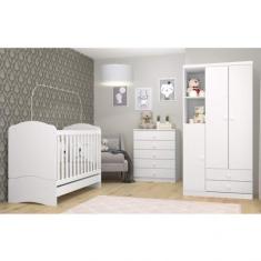 Quarto de Bebê com Guarda-roupa 3 Portas Cômoda e Berço 3 em 1 com Colchão Espresso Móveis Branco
