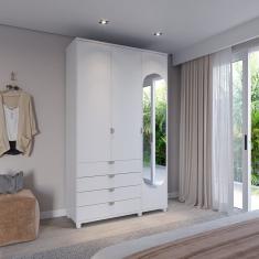Guarda-roupa Solteiro com Espelho 3 Portas 4 Gavetas 100% Mdf Look 136,9 Cm Branco Fosco