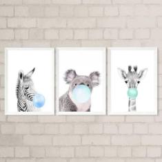 Kit 3 Quadros Bichinhos Chicletes Azul 45X34Cm