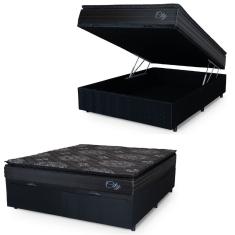 Cama Box Baú Casal Colchão Com Molas Ensacadas City Pillow Top 138x188x64cm Preto Hellen Preto