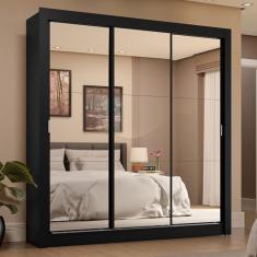 Guarda-roupa Casal 3 Portas de Correr de Espelho 4 Gavetas Preto Sublime Plus Madesa