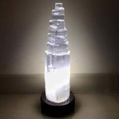 Luminária Abajur Torre de Selenita Pedra Natural 38cm