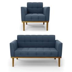 Namoradeira Com Poltrona Base De Madeira Castanho Elisa Suede D03 - D\`rossi Cor Azul Marinho