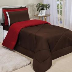 Kit Edredom Dupla Face Ternura Solteiro 4 Peças - marrom e Vermelho - 